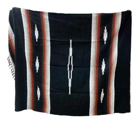 West Path Molina Indian Blanket Fringe Hand Woven Throw Picnic Yoga Black Orange - Picture 2 of 6